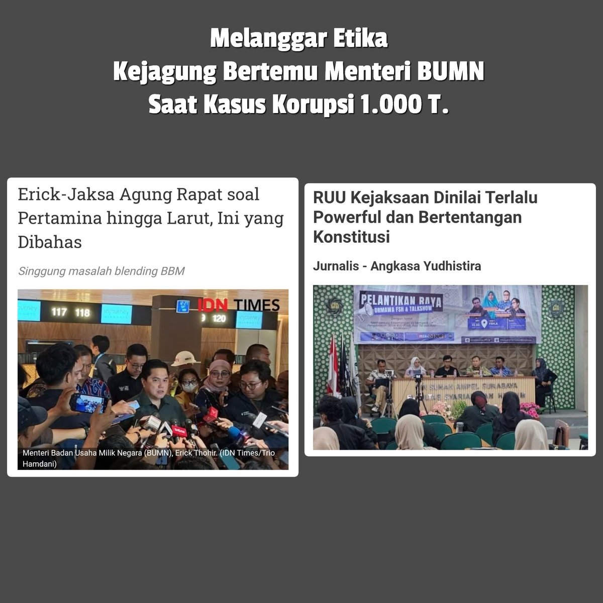 Bertemu Erick Thohir, Kejagung melanggar Etika penegakan hukum

Pada saat Kejagung menyelidiki kasus korupsi 1.000 T Pertamina, Jaksa Agung malah bertemu bosnya, Erick Thohir.

Bagaimana bisa sebuah lembaga penegak hukum menyediakan waktu dan ruang bersama Menteri BUMN hingga