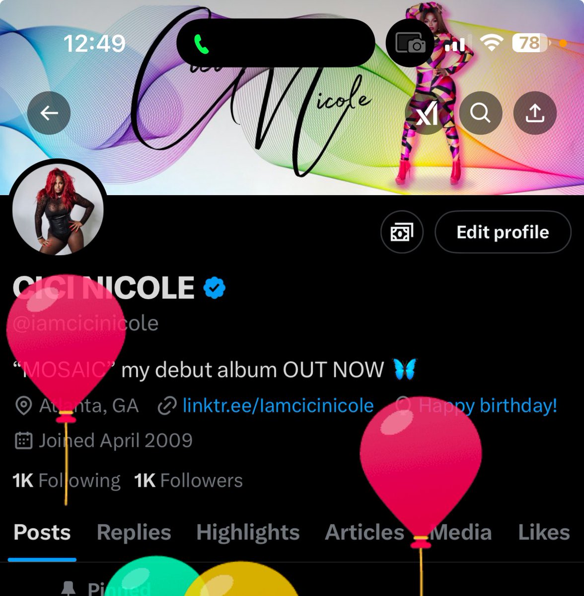 iamcicinicole's tweet photo. Balloons on my page🥰
Born Naked, Raised Unstoppable
✨Happy Ci-Day to Me✨
Falling in Love with myself all over again! Turning 32 is a blessing as Black Trans Woman….
📸: @jakeupmakeup
#birthday #pisces #birthdaygirl #CiDay https://t.co/5RDwxP58Z1