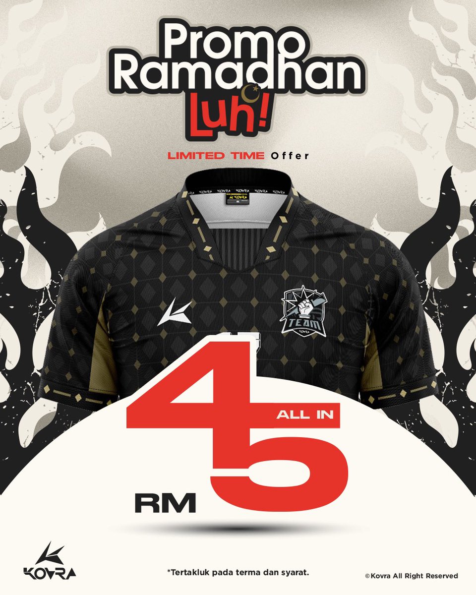 kovraofficial's tweet photo. 🔥 45 SEHELAI, ALL IN! 🔥
Kovra TAK PERNAH buat sale gila macam ni! Hanya dalam bulan Ramadhan ini saja korang boleh dapat custom jersey serendah RM45/sehelai ‼️
.
Tempah terus disini----- https://t.co/j43x8tch0c https://t.co/4pJitDz1DR