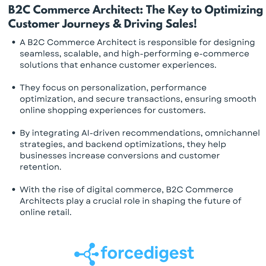 ForceDigest's tweet image. 🌐 B2C Commerce Architect: Optimizing Customer Journeys & Boosting Sales! 🚀
Enhance e-commerce with AI-driven personalization, seamless transactions, and backend efficiency. 🔗 Ready to scale your online store?
#B2CCommerce #EcommerceArchitect #SalesforceCommerce