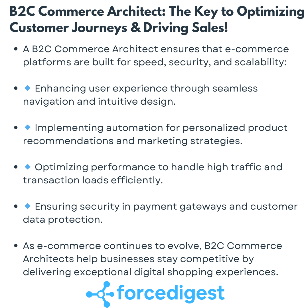 ForceDigest's tweet image. 🌐 B2C Commerce Architect: Optimizing Customer Journeys & Boosting Sales! 🚀
Enhance e-commerce with AI-driven personalization, seamless transactions, and backend efficiency. 🔗 Ready to scale your online store?
#B2CCommerce #EcommerceArchitect #SalesforceCommerce