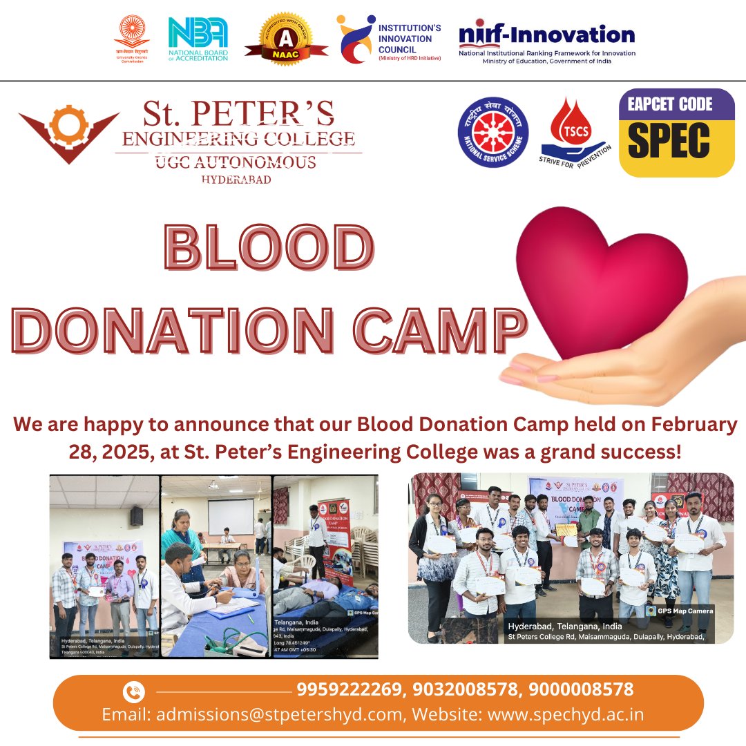 peter_college's tweet photo. Mission Accomplished!
We successfully completed our Blood Donation Camp at St. Peter’s Engineering College on Feb 28, 2025!
A big THANK YOU to all donors, volunteers &amp; organizers for making a difference!
#NSS #ThankYouDonors #mhrd_innovation #MHRDInnovationCell
#Eduminofindia https://t.co/V9HOMntUyf