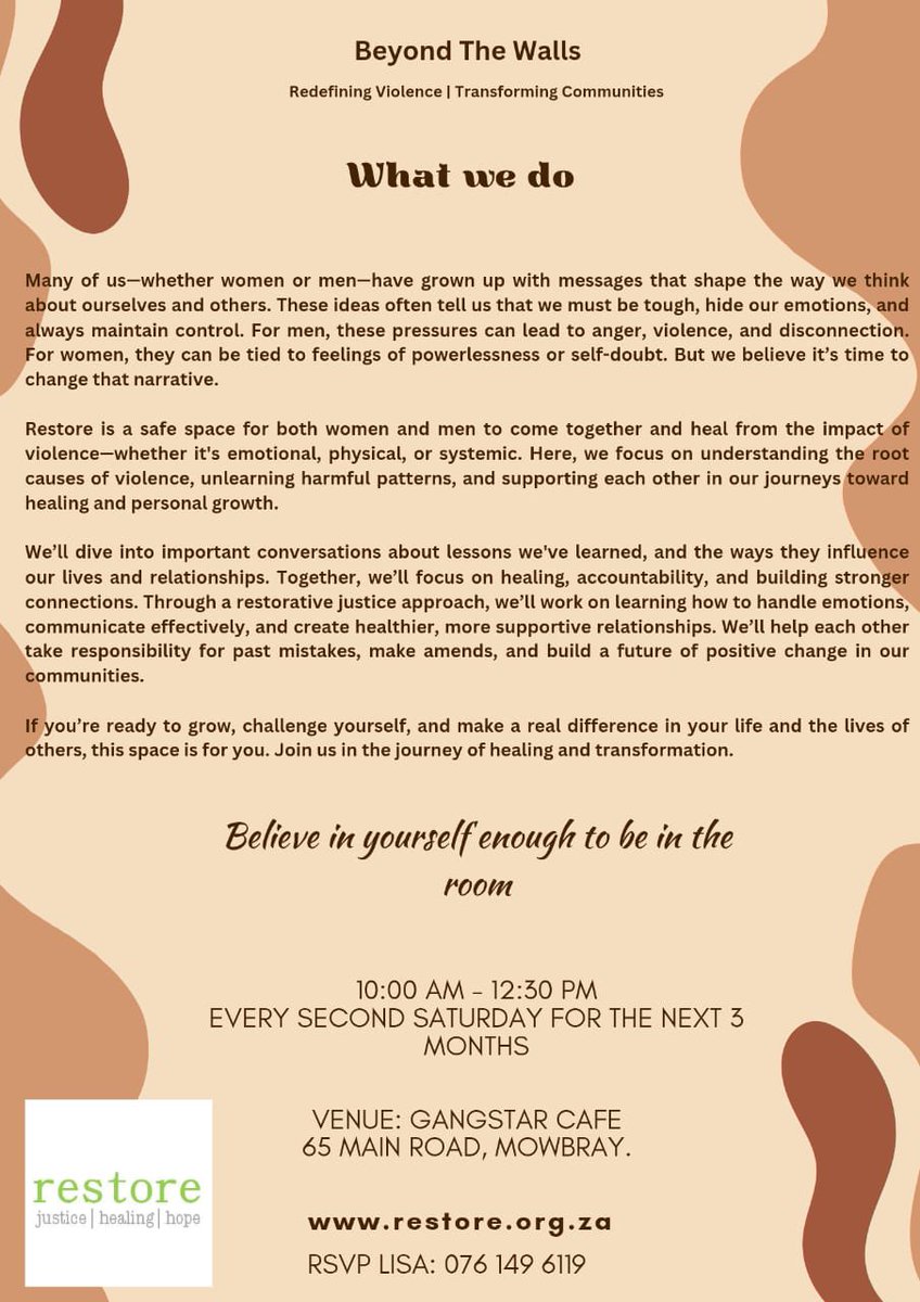 Inviting all formerly incarcerated people to join Beyond the walls for the next 3 months ending in a creative expression symposium at UCT. 

We’re meeting Saturday 8 March, 10-12:30pm at Gangstar cafe. 
RSVP to Lisa WhatsApp 0761496119

#CapeTown #prison