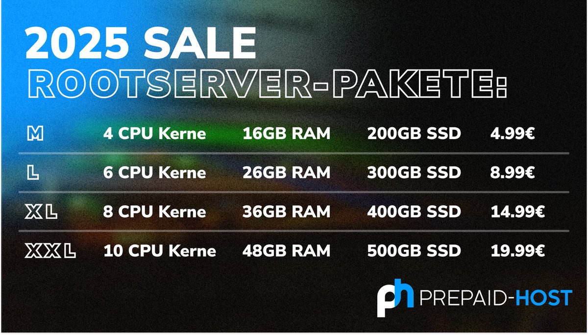 🚀 2025 Sale bei Prepaid-Host! 🚀
Unsere KVM-Rootserver gibt’s ab 4,99€/Monat – limitiertes Angebot!
⚡ 4 bis 10 CPU-Kerne
💾 16 bis 48 GB RAM
🔥 SSD-Performance ab 200GB
Nur solange der Vorrat reicht! 
Jetzt zuschlagen:👉 prepaid-host.com/aktion/2025-sa…