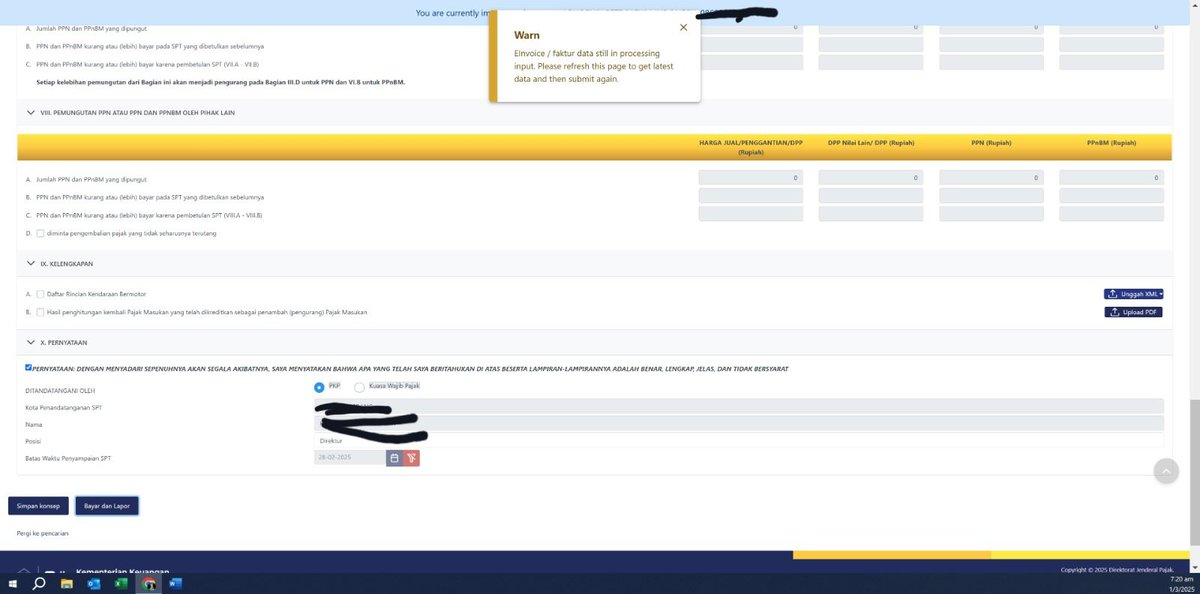 Marcus054010808's tweet photo. @kring_pajak , selamat siang. Saya mau lapor PPN via Coretax dari minggu lalu tapi selalu muncul notif seperti ini? Saya sudah clear chace/incognito mode/ganti browser/restart PC, tapi masih belum berhasil. Bagaimana solusinya? Mau lapor PPN kok susah ya? https://t.co/GPe6OTGkKp