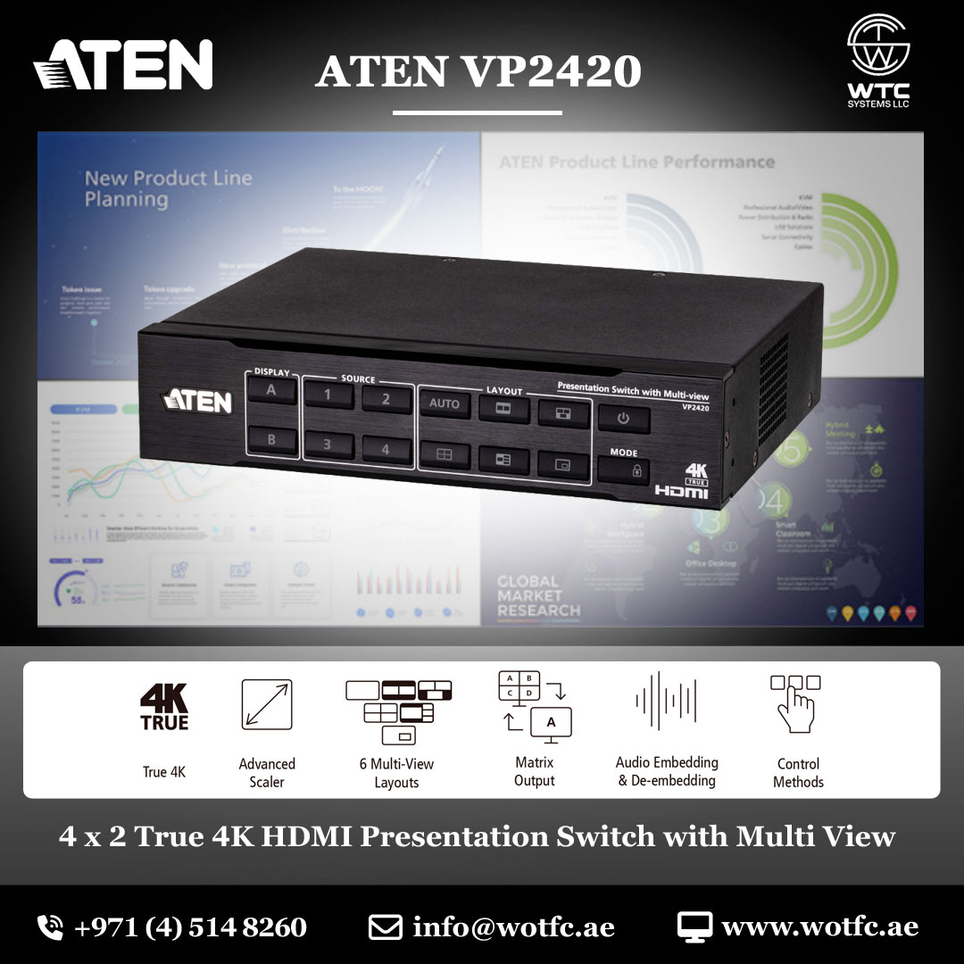 WTC_SYSTEMS_LLC's tweet image. ATEN VP2420
4 x 2 True 4K HDMI Presentation Switch with Multi View

Call Us: +97145148260
Mail Id: info@wotfc.ae
wotfc.ae

#WOTFC #WTC #WTCsystems #AV #PresentationSwitchers #4K #ATEN #AVSolutions #SmartPresentation #CorporateAV #MeetingSolutions #EventTech