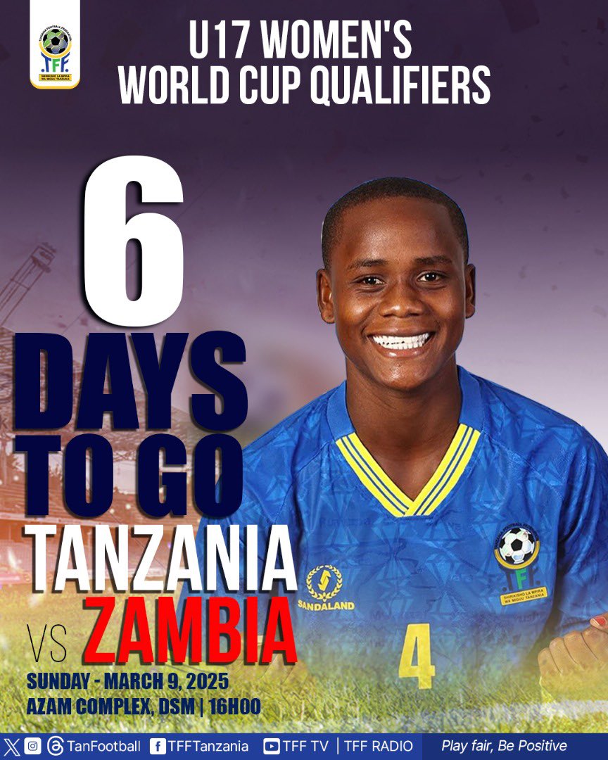 Ligikuuwanawake (@ligikuuwanawak) on Twitter photo Zimebaki siku 6 kuelekea mchezo wa kufuzu Kombe la Dunia ââSerengeti Girls ââ vs Zambia
<a href="/CAFwomen/">CAF Womenâs Football</a> <a href="/CAF_Online/">CAF_Online</a> Zimebaki siku 6 kuelekea mchezo wa kufuzu Kombe la Dunia ââSerengeti Girls ââ vs Zambia
<a href="/CAFwomen/">CAF Womenâs Football</a> <a href="/CAF_Online/">CAF_Online</a>