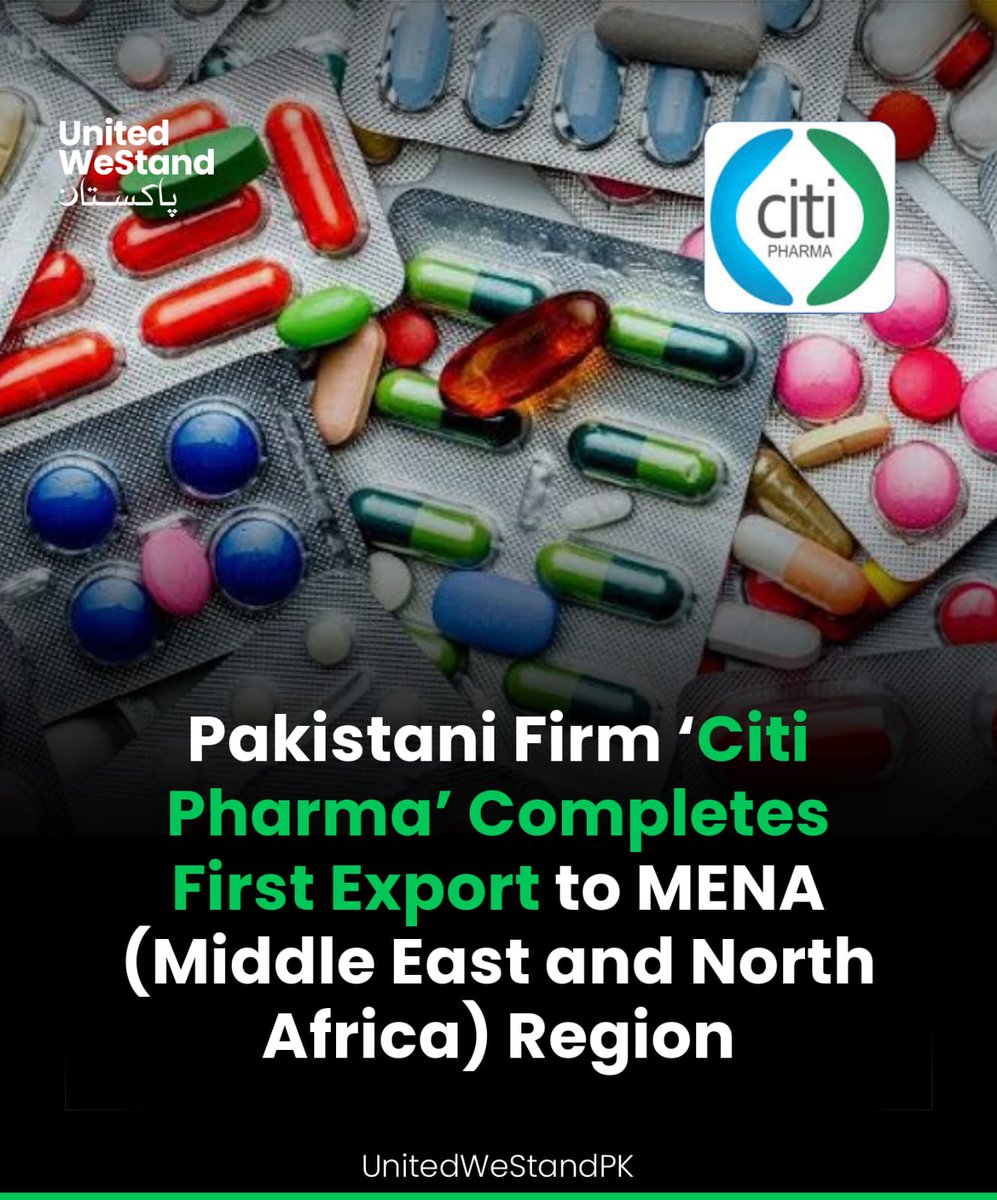PkUnitedWeStand's tweet photo. Pakistani pharmaceutical firm, Citi Pharma Limited has successfully completed its first ever export, worth EUR 560,000 to the MENA (Middle East and North Africa) region.

#CitiPharma #Pharmaceuticals #Pakistan #UnitedWeStandPakistan https://t.co/1LfGNDygUl
