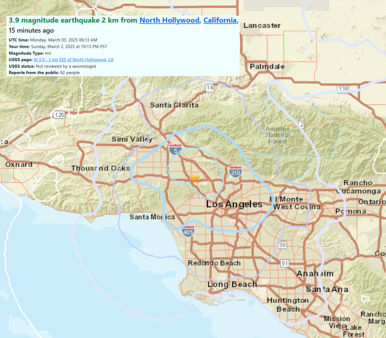 3.9 magnitude #earthquake just now. Los Angeles - North Hollywood CA