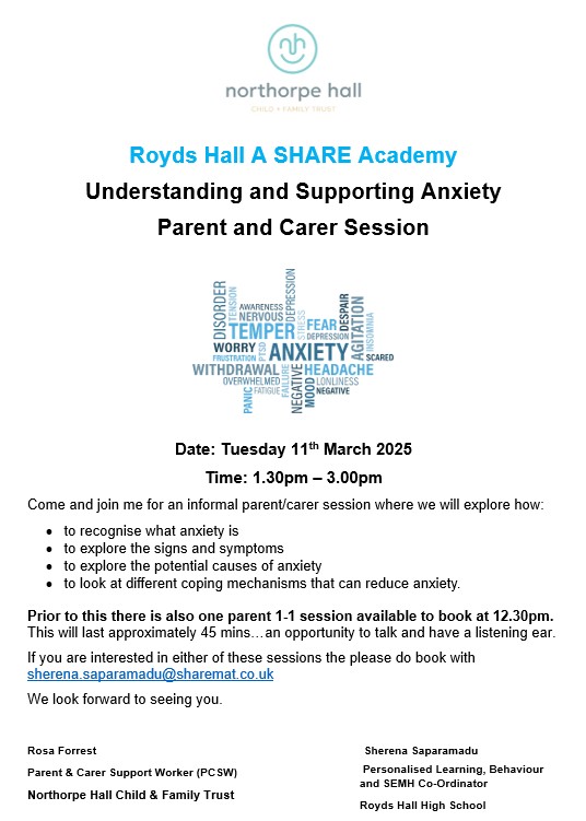 Do you feel you may need some support?  Do you think talking to someone may help? Here at Royds we are lucky to be able to provide some support from Northorpe Hall. Please do get in contact with us if you would like further information.