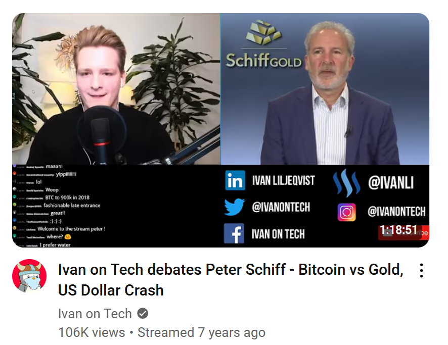 yourfriendSOMMI's tweet image. ❤️💛💚💙

7 years ago, Ivan debated Uncle Peter Schiff.

Ivan (@IvanOnTech) has watched Bitcoin run from $8000 up to $100,000 so far (13.0x return)

Uncle Peter (@PeterSchiff) has watched Gold run from $1350 up to $2900 (2.5x return).