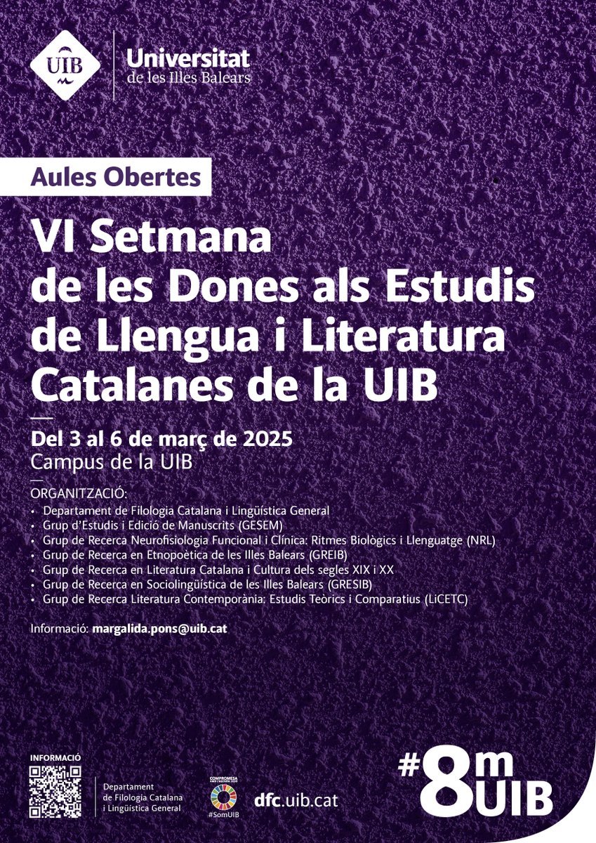 Això comença avui: sessions d'aules obertes, als estudis de Llengua i Literatura Catalanes de la UIB, amb motiu de la Setmana de les Dones. La primera, a càrrec de Gabriel Ensenyat, serà sobre misogínia i feminisme a la literatura medieval.
dfc.uib.cat/2025/02/13/vi-…