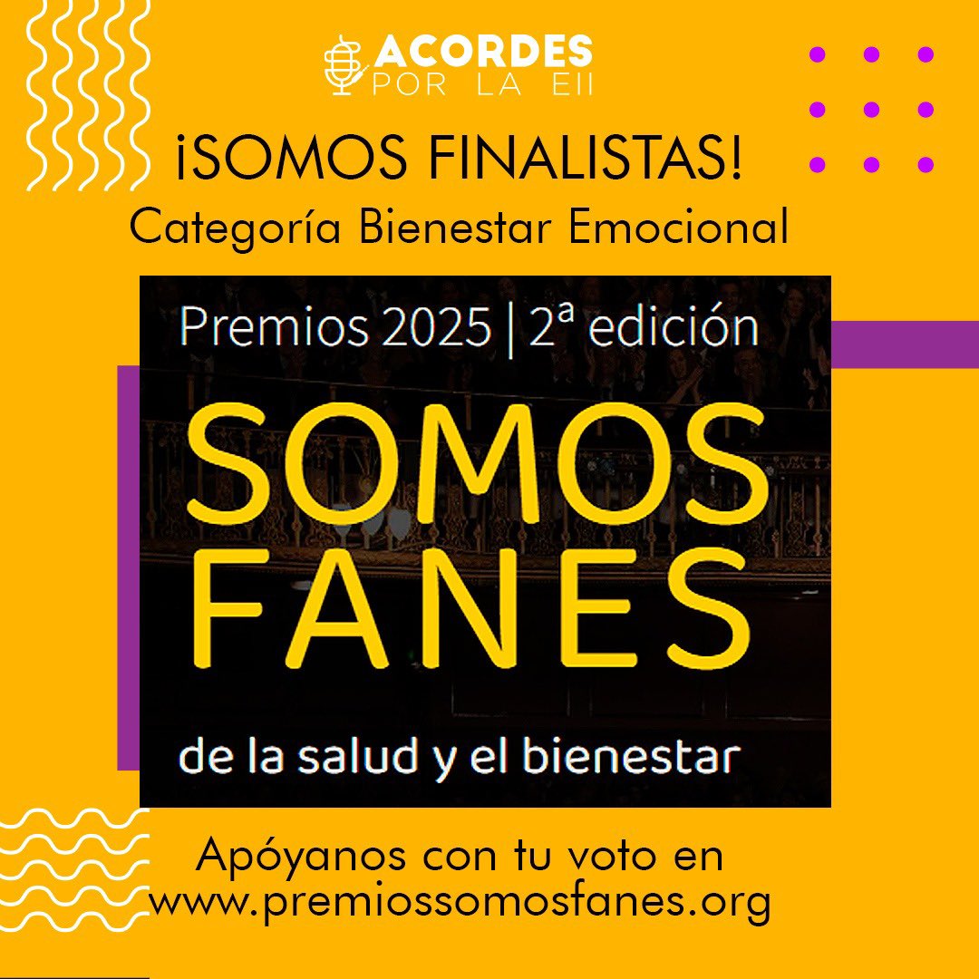 Acordes por la EII (@acordeseii) on Twitter photo ¡Somos finalistas de los <a href="/PSomosFanes/">PremiosSomosFanes</a>!
Estamos nominados en la categoría de Bienestar Emocional, como proyecto que impulsa la empatía y la conexión emocional.
Apóyanos con tu voto en
premiossomosfanes.org 💜
¡Gracias por sumar aún más ilusión a este proyecto! #SomosFanes2025 ¡Somos finalistas de los <a href="/PSomosFanes/">PremiosSomosFanes</a>!
Estamos nominados en la categoría de Bienestar Emocional, como proyecto que impulsa la empatía y la conexión emocional.
Apóyanos con tu voto en
premiossomosfanes.org 💜
¡Gracias por sumar aún más ilusión a este proyecto! #SomosFanes2025
