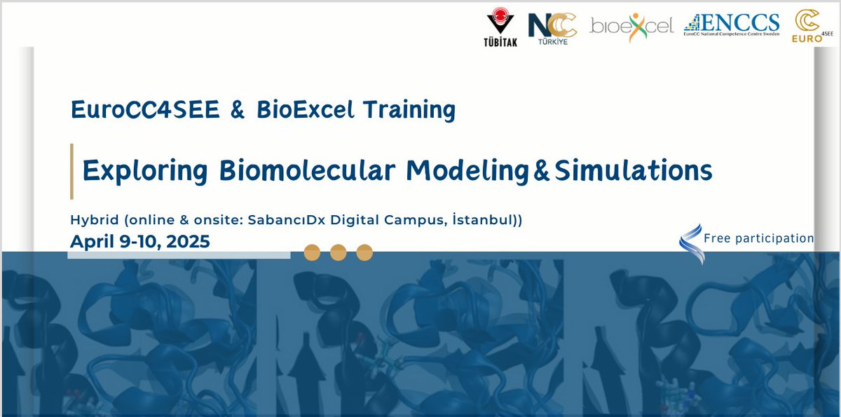 EuroCC@Turkey (@eurocc_turkey) on Twitter photo 🚀 Hybrid Training on Biomolecular Simulations!
📅April 9-10, 2025 | 📍 Online & Sabancı University
🔗Register by March 24: indico.truba.gov.tr/e/biomol2025
💡HADDOCK, GROMACS, BioBB, PMX
⚡Limited hands-on spots!
#ComputationalBiology #HPC #MolecularSimulations <a href="/BioExcelCoE/">BioExcel CoE</a> 🚀 Hybrid Training on Biomolecular Simulations!
📅April 9-10, 2025 | 📍 Online & Sabancı University
🔗Register by March 24: indico.truba.gov.tr/e/biomol2025
💡HADDOCK, GROMACS, BioBB, PMX
⚡Limited hands-on spots!
#ComputationalBiology #HPC #MolecularSimulations <a href="/BioExcelCoE/">BioExcel CoE</a>