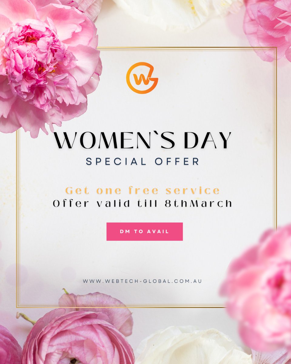 WebTech-Global Australia (@global_webtech) on Twitter photo 🌸 Celebrate Women’s Day with a special treat! 🌟 Enjoy ONE FREE SERVICE till 8th March—because you deserve the best! 💆♀️✨
info@webtech-global.com.au | 0449 617 384
#wtg #wtgau #webtechglobalaustralia #Victoria #Australia #WomensDay #CelebrateHer #FreeService #SpecialOffer 🌸 Celebrate Women’s Day with a special treat! 🌟 Enjoy ONE FREE SERVICE till 8th March—because you deserve the best! 💆♀️✨
info@webtech-global.com.au | 0449 617 384
#wtg #wtgau #webtechglobalaustralia #Victoria #Australia #WomensDay #CelebrateHer #FreeService #SpecialOffer