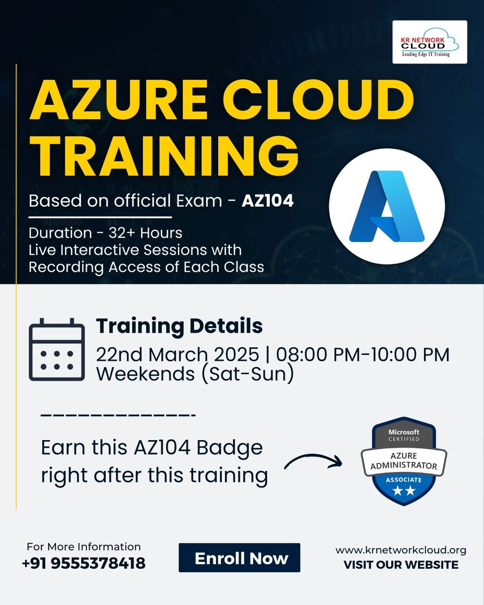 KRNetworkCloud1's tweet image. 🌐 Master Azure Cloud (AZ104) – Live Interactive Training! 🌟
📞 Call: +91 9555378418
#AzureAZ104 #MicrosoftAzure #CloudCertification #AzureTraining #ITCareer #CloudComputing #AzureAdministrator #TechSkills #KRNetworkCloud #UpskillNow #CareerGrowth #CloudExperts #HandsOnLearning