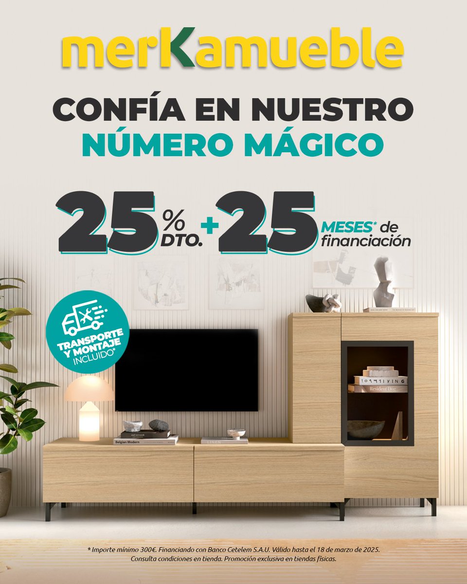 🔮✨ EL NÚMERO MÁGICO DE MERKAMUEBLE ✨🔮25% de descuento en todos nuestros muebles 🛋️
+ 25 meses sin intereses para que pagues cómodamente 💳 ✅
🚛🛠️ Transporte y montaje incluido 

 📍 Encuentra tu tienda Merkamueble más cercana en merkamueble.com/tiendas