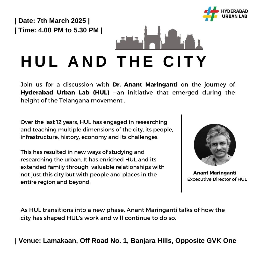 Hyderabad Urban Lab (@hulfoundation) on Twitter photo A conversation with <a href="/amaringanti/">Anant Maringanti</a> on HULâs 12-year journey of researching Hyderabadâs people, infrastructure, and historyâshaping new ways of studying the urban.
As HUL enters a new phase, how does the city continue to shape its work?
đ
7 Marchâ°4â5:30 PMđLamakaan,Opp GVK one A conversation with <a href="/amaringanti/">Anant Maringanti</a> on HULâs 12-year journey of researching Hyderabadâs people, infrastructure, and historyâshaping new ways of studying the urban.
As HUL enters a new phase, how does the city continue to shape its work?
đ
7 Marchâ°4â5:30 PMđLamakaan,Opp GVK one