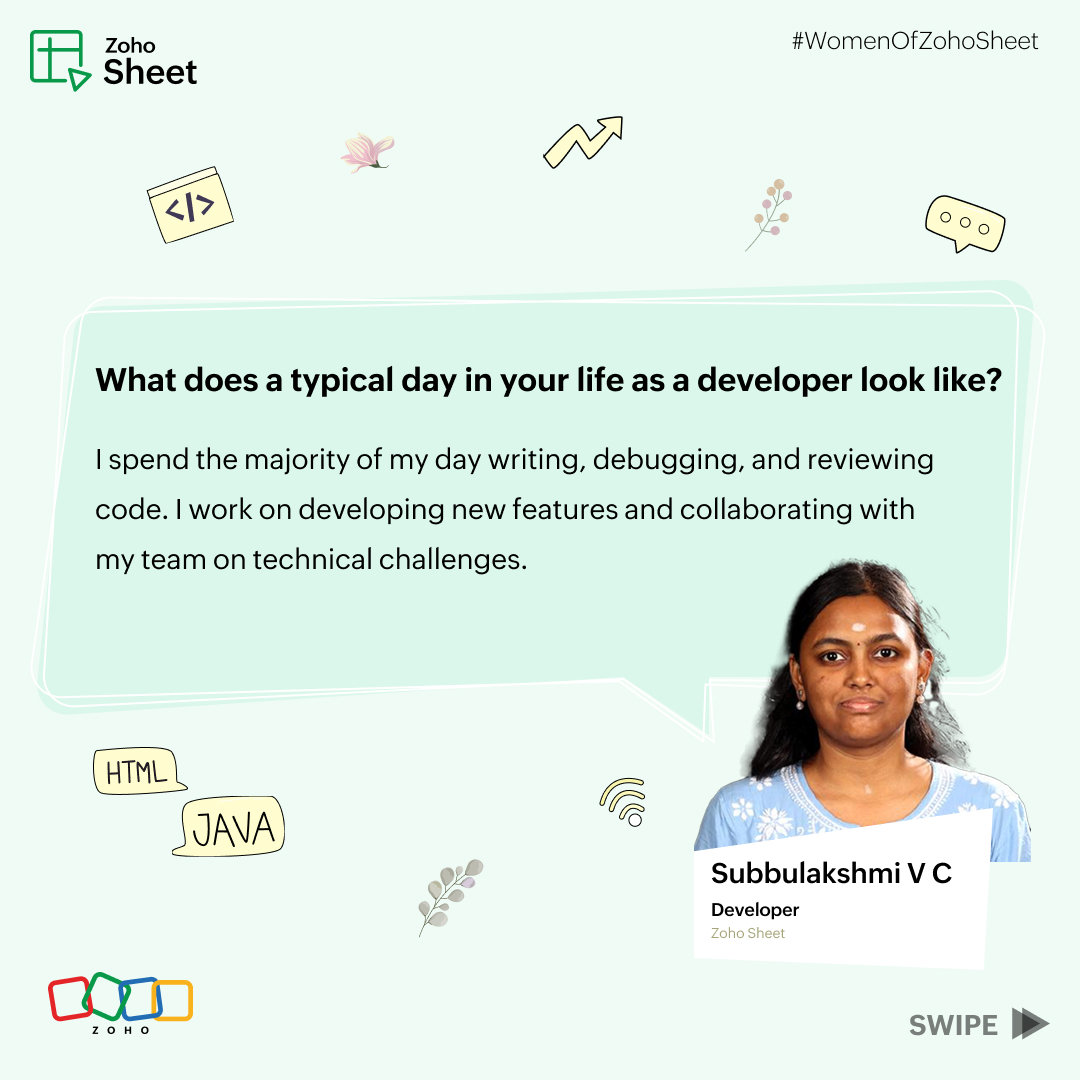 ZohoSheet's tweet image. Meet Subbulakshmi, a code-crunching problem solver by day, a binge-watcher and book lover by night. Check out what she shares about a day in her life. 

#WomenOfZohoSheet #InternationalWomensDay2025