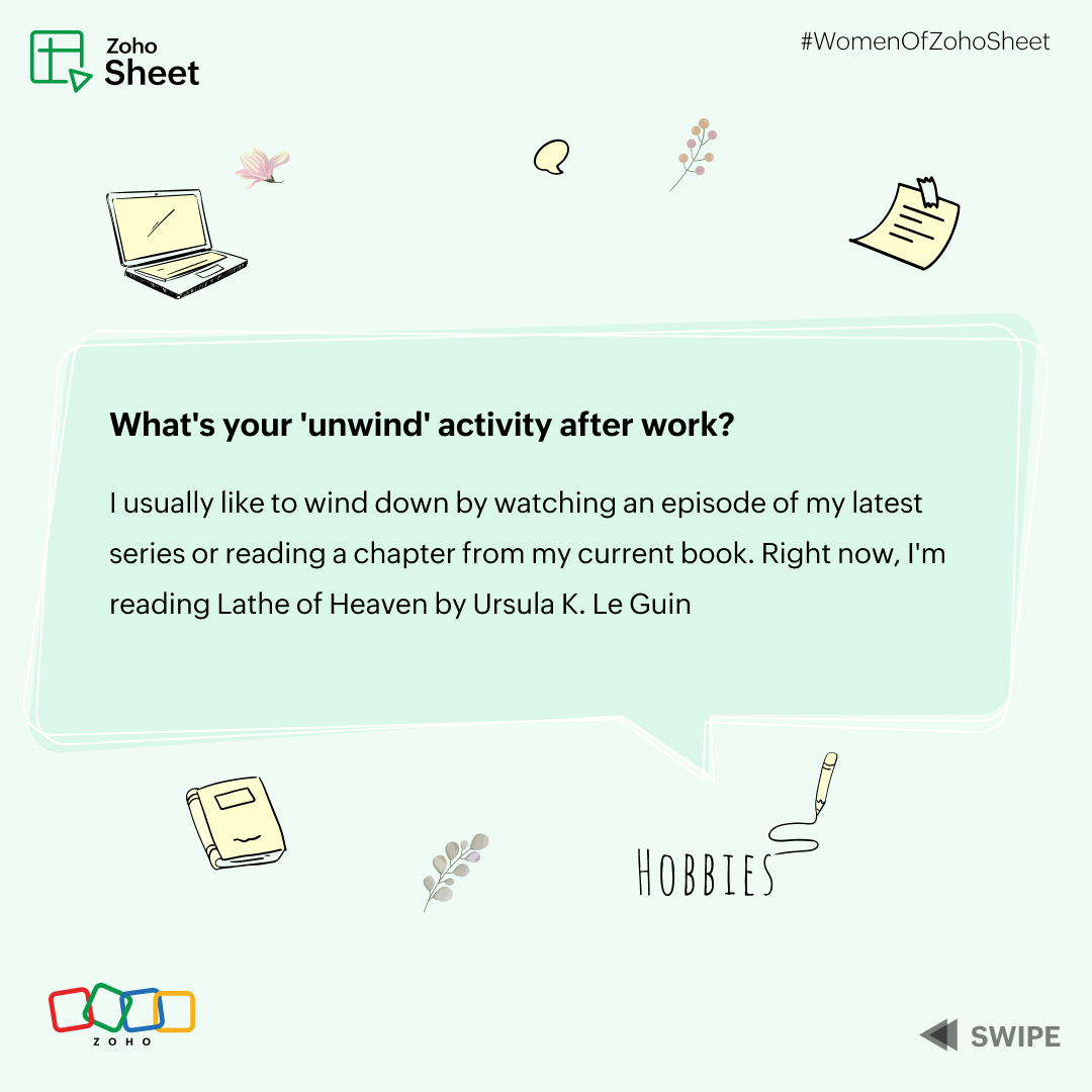 ZohoSheet's tweet image. Meet Subbulakshmi, a code-crunching problem solver by day, a binge-watcher and book lover by night. Check out what she shares about a day in her life. 

#WomenOfZohoSheet #InternationalWomensDay2025