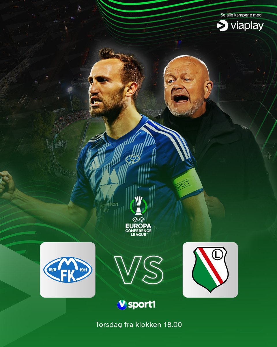 🏆: Conference League
🆚: Molde–Legia Warszawa
🗣️: <a href="/ViaplayOrjan/">Ørjan Bjørnstad</a>, <a href="/PetterVeland/">Petter Veland</a> og <a href="/Joacim_Jonsson/">Joacim Jonsson</a>
🎙️: Roar Stokke og <a href="/Tjaernas/">Lars Tjærnås</a>
🎤: <a href="/TommyBarstein/">Tommy Barstein</a>
🕕: Fra klokken 18.00
📺: Viaplay og V sport 1