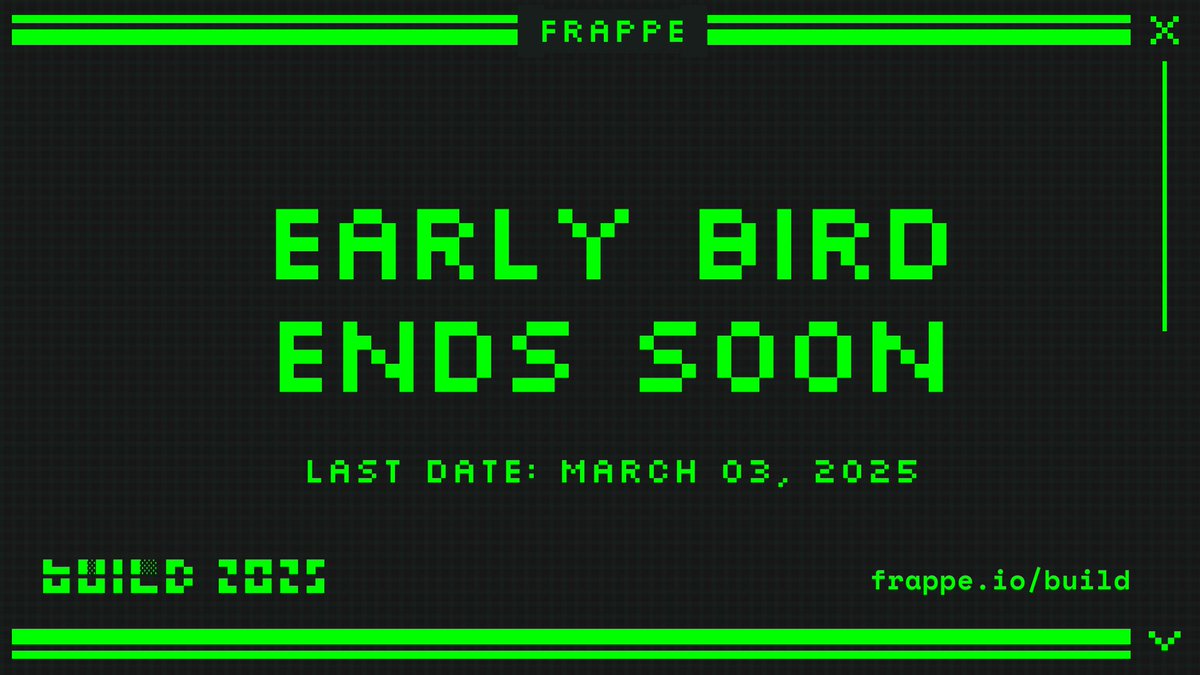 1 month to go for Frappe Build 2025! 🎉

Last chance to grab a 25% discount on tickets before the day ends. Prices go up tomorrow.⏳

Lock in your seat now and be a part of the community that codes the future of open-source.

🔗 Register here - frappe.io/build/register