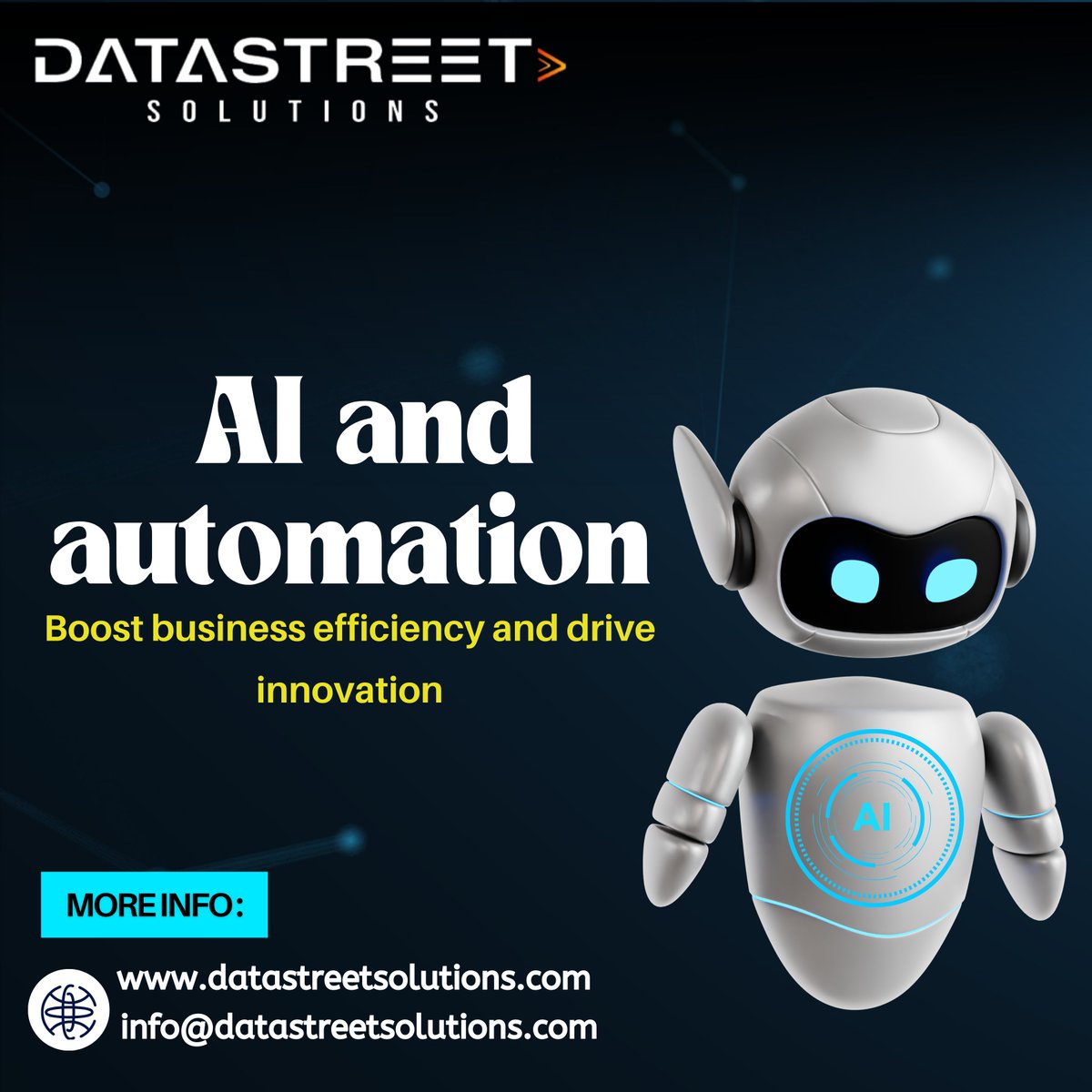 DataStreet_Sol's tweet photo. AI and automation are revolutionizing business efficiency and innovation. By streamlining tasks, reducing costs, and enabling real-time insights, companies can drive faster decision-making, enhance customer experiences, and scale operations. 

 #AI #Automation @DataStreet_Sol https://t.co/1u5beH1bLj