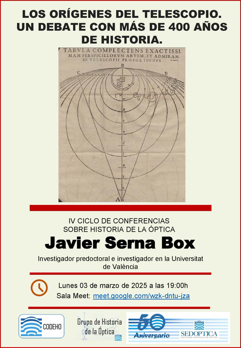Quieres aprender de TELESCOPIOS!! Hoy en el IV ciclo de conferencias sobre historia de la Óptica "LOS ORÍGENES DEL TELESCOPIO. UN DEBATE CON MÁS DE 400 AÑOS DE HISTORIA" por Javier Serna Box.
Lunes 3 de marzo de 2025 
19:00 h
meet.google.com/wzk-dntu-jza