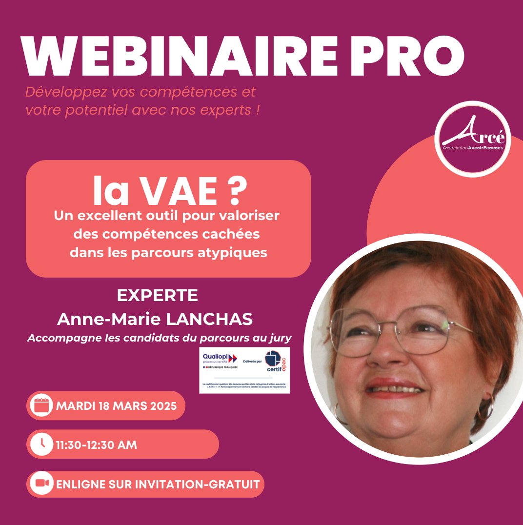📅Save the Date 18 mars en ligne gratuit sur invitation
Webinaire pro : la VAE !
Valorisation des Acquis de l'#Expérience, outil utile pour booster les #compétences et les parcours professionnels !
Sur inscription : forms.gle/3nE9gBwXeadLDA…