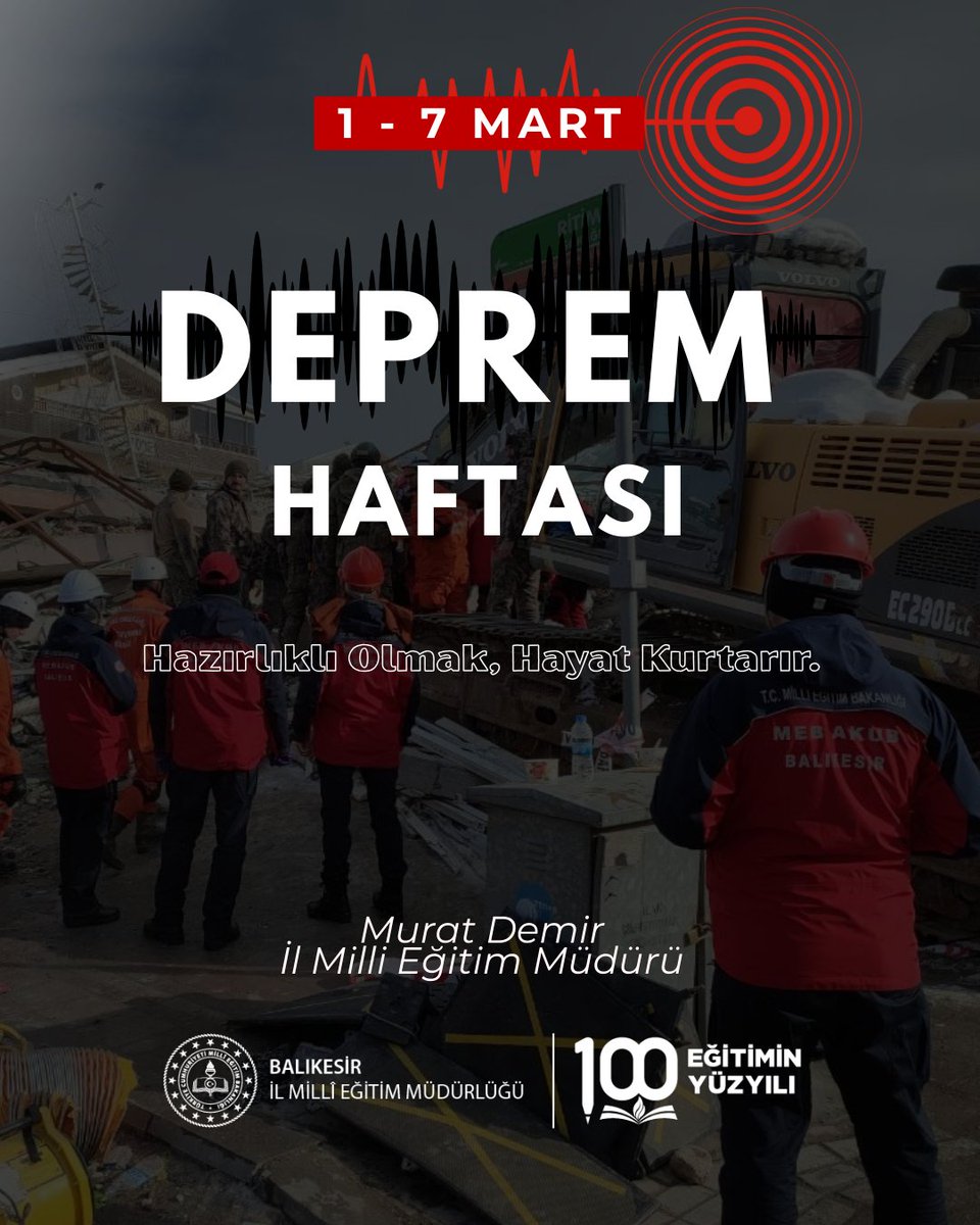 Eğitimle güçlenen bir toplum, afetlere karşı daha dirençlidir. Öğrencilerimize deprem güvenliği ve hazırlık konusunda gerekli bilgileri aktararak, daha güvenli bir geleceğe hep birlikte adım atıyoruz. 

1-7 Mart Deprem Haftası

"Hazırlıklı olmak, hayat kurtarır."

<a href="/tcmeb/">Millî Eğitim Bakanlığı</a>