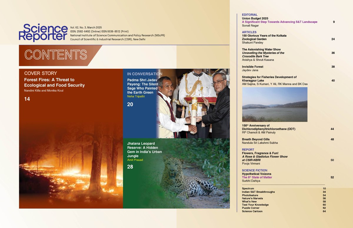ScienceReporte1's tweet image. Happy World Wildlife Day!
March issue of Science Reporter focuses on Forest &amp;amp; Wildlife, including a cover story on wildfires, an interview with Padma Shri Jadav Payeng, the Forest Man of India and many other interesting features.
nopr.niscpr.res.in/handle/1234567…
@CSIR_IND 
@CSIR_NIScPR