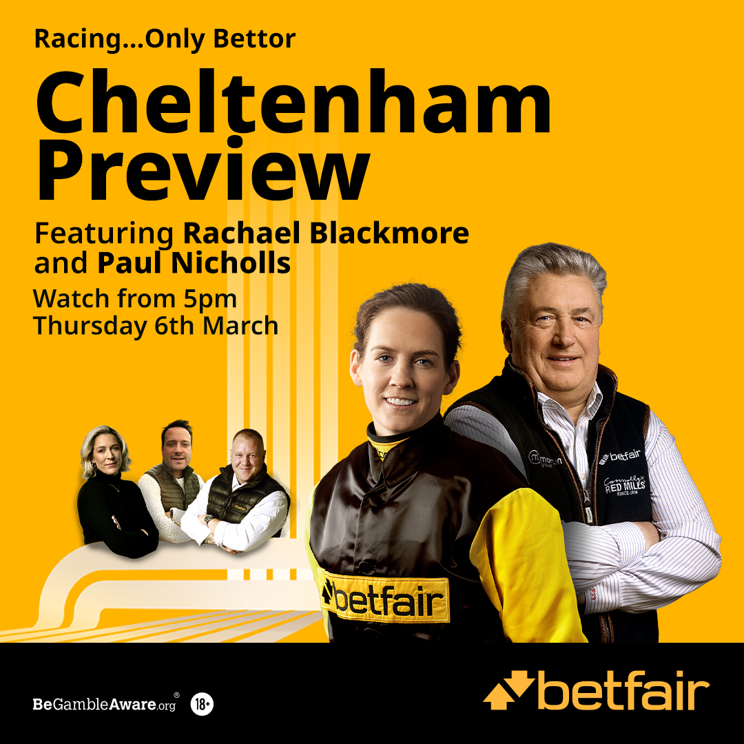 📅 Set your calendars 

🤩 Its the Betfair Cheltenham preview show with <a href="/V_Binnie_Ryle/">Vanessa Binnie Ryle</a> <a href="/DanBarberTF/">Daniel Barber</a> <a href="/DarylCarter7/">Daryl Carter</a> <a href="/PFNicholls/">Paul Nicholls OBE</a> and <a href="/rachaelblackmor/">Rachael Blackmore</a> 

Streaming on Thursday at 5pm across all Betfair socials