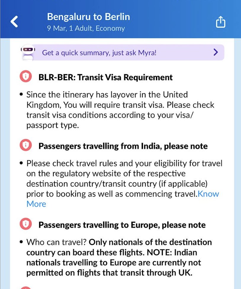 A friend is travelling from BLR to Germany via Heathrow. He has a valid US B1/B2 visa so according to the official UK website he doesn't need a transit visa. But MMT has this msg on their booking page which makes it sound like a blanket ban on Indians travelling to Europe. Anyone