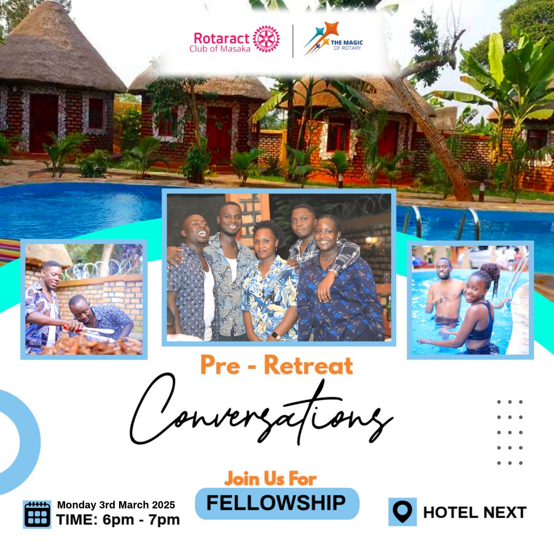 SET🪄 THE STAGE FOR AN UNFORGETTABLE🤩 RETREAT🏝️🏖️⛱️. 

  Join the ROTARACT CLUB OF MASAKA and dive into meaningful moments.

ORGANISED BY:
Nakayiba Buddy Group 🌴

FELLOWSHIP LINK🔗: meet.google.com/fiz-mxas-zeo