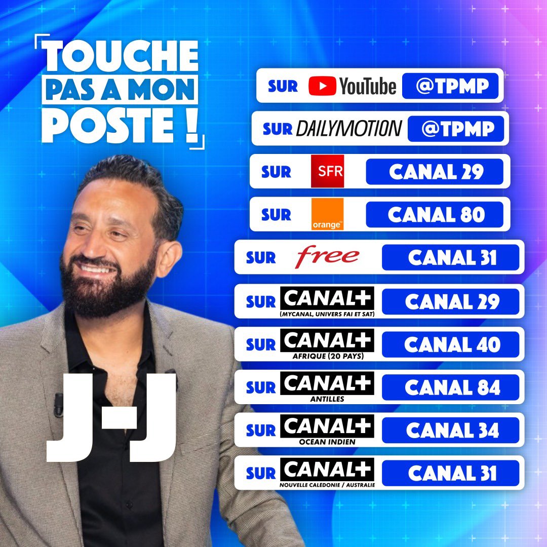 📢 TPMP de retour en direct du lundi au vendredi !

🕕 18h20 - 21h15 📺

📍 Où nous trouver ? 👇
Sur les box 
Canal+ / my canal - canal 29
SFR - canal 29
Free - canal 31
Orange - canal 80

Sur internet
Youtube - chaîne TPMP. : youtube.com/@TPMP
Dailymotion - chaîne TPMP -