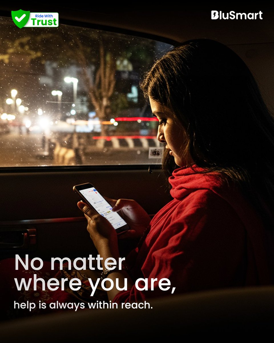 A ride should never feel uncertain. That’s why BluSmart’s 𝐒𝐎𝐒 𝐒𝐚𝐟𝐞𝐭𝐲 𝐂𝐞𝐧𝐭𝐞𝐫 is always watching over your journey. With 24/7 support and real-time driver partner monitoring, every ride is safe and reliable to give you complete peace of mind. 

#RideWithTrust