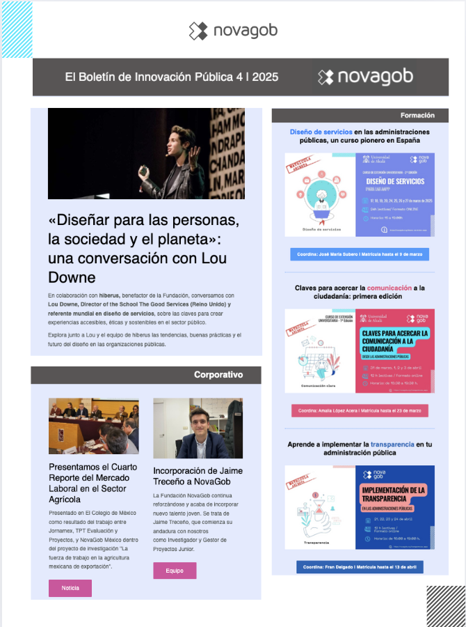 🗞️ En la última edición del #BoletinNovaGob, traemos lo último en la 💡#InnovaciónPública, además:

✔️Exploramos el diseño de servicios con <a href="/LouDowne/">Lou Downe</a> <a href="/Hiberus/">hiberus</a> 

✔️Lanzamos nuevos cursos sobre #diseñodeservicios, #transparencia y #comunicaciónclara 

➕🔗 novagob.org