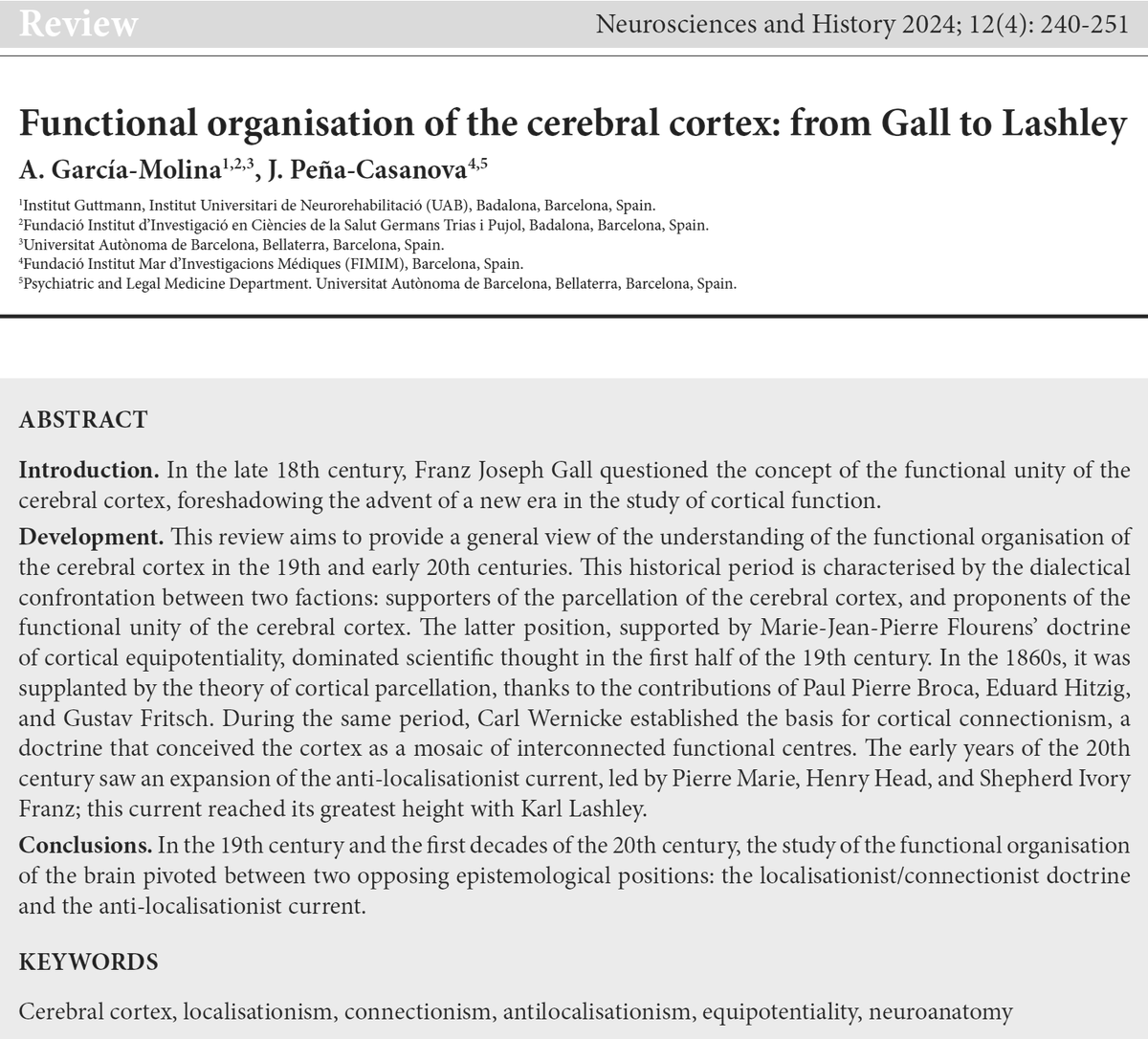 seneurologia's tweet photo. Functional organisation of the cerebral cortex: from Gall to Lashley

Neurosciences and History 2024;12(4): 240-251 https://t.co/l7dc8SUWQS

Scope and instructions for authors:
https://t.co/uEEa2FVAir
https://t.co/0frJ5l09WQ https://t.co/IKxE1ypTbM