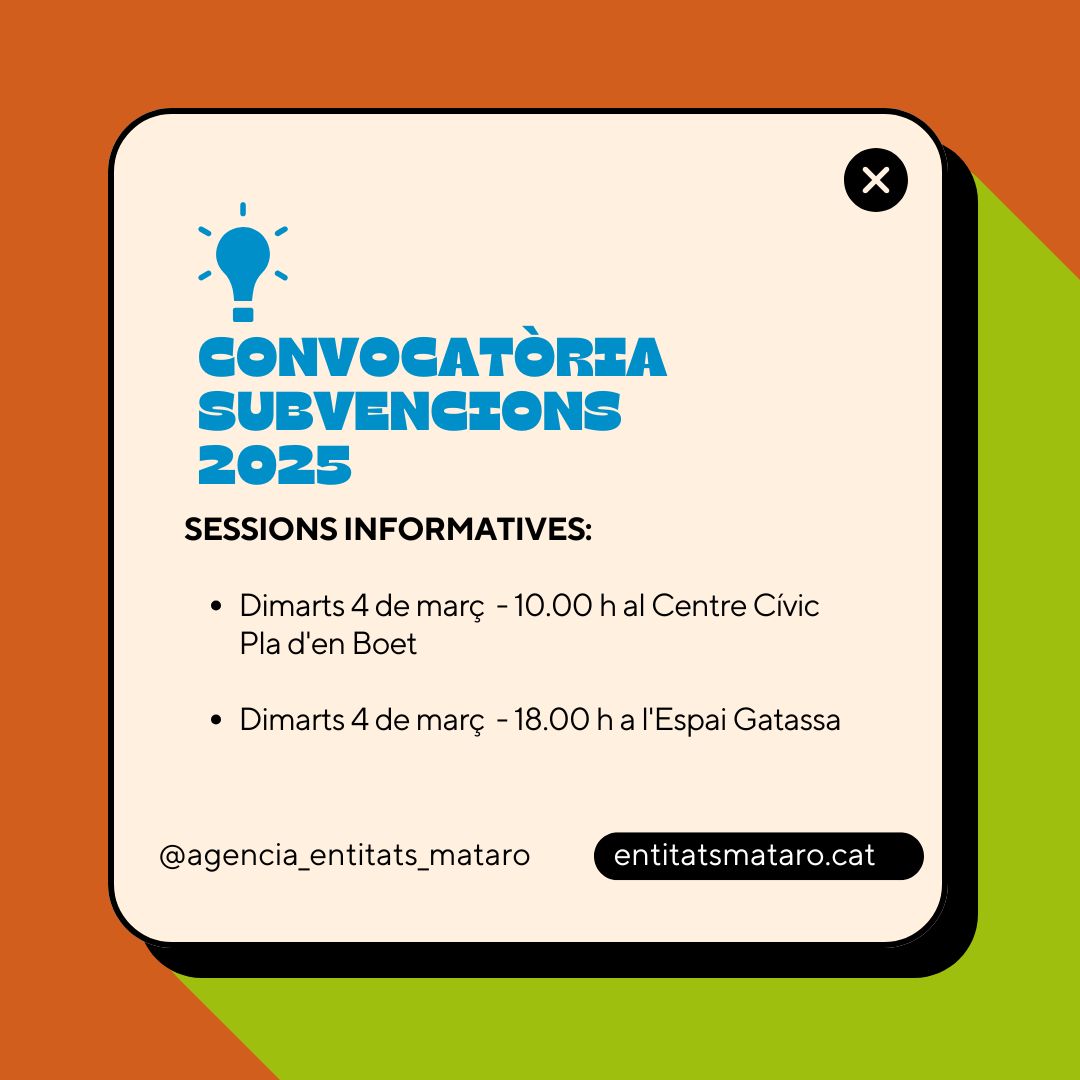 📢 Vols conèixer tots els detalls sobre la nova convocatòria de subvencions per a entitats? #Mataró

👉 Sessions informatives
📅 Dimarts 4 de març
🕙 10 h Centre Cívic Pla d'en Boet
🕕 18 h Espai Gatassa

📅Presentació de sol·licituds del 18/3 al 7/4
+info entitatsmataro.cat