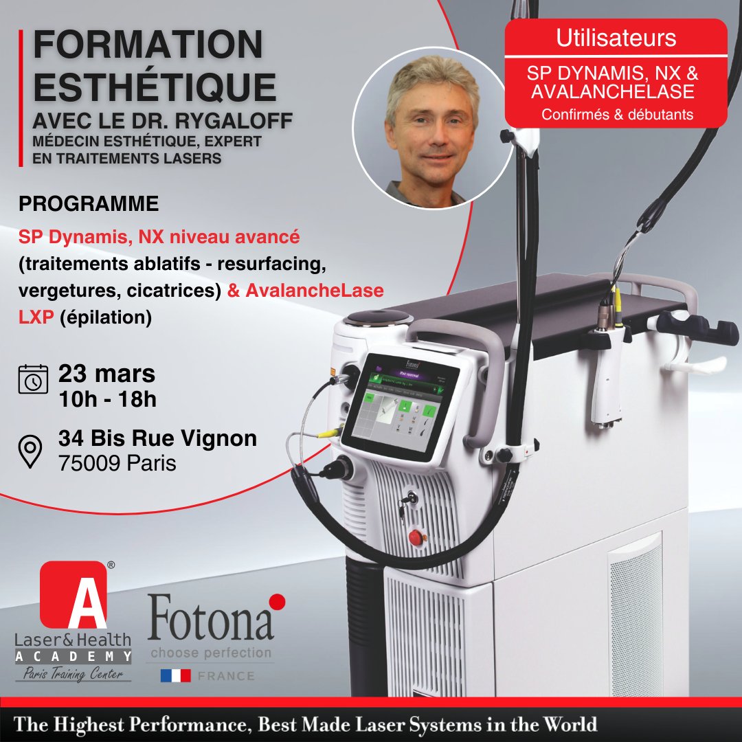 FotonaFrance's tweet image. [ Formation SP Dynamis, NX &amp;amp; AvalancheLase LXP ]

📅 Journée de formation avec le Dr Rygaloff le 9 février 2025 de 10h à 18h à CliniSkin Paris. Cette formation est réservée aux utilisateurs débutants et confirmés.

#FormationMedicale #FotonaFrance #LasersMédicaux #Laser