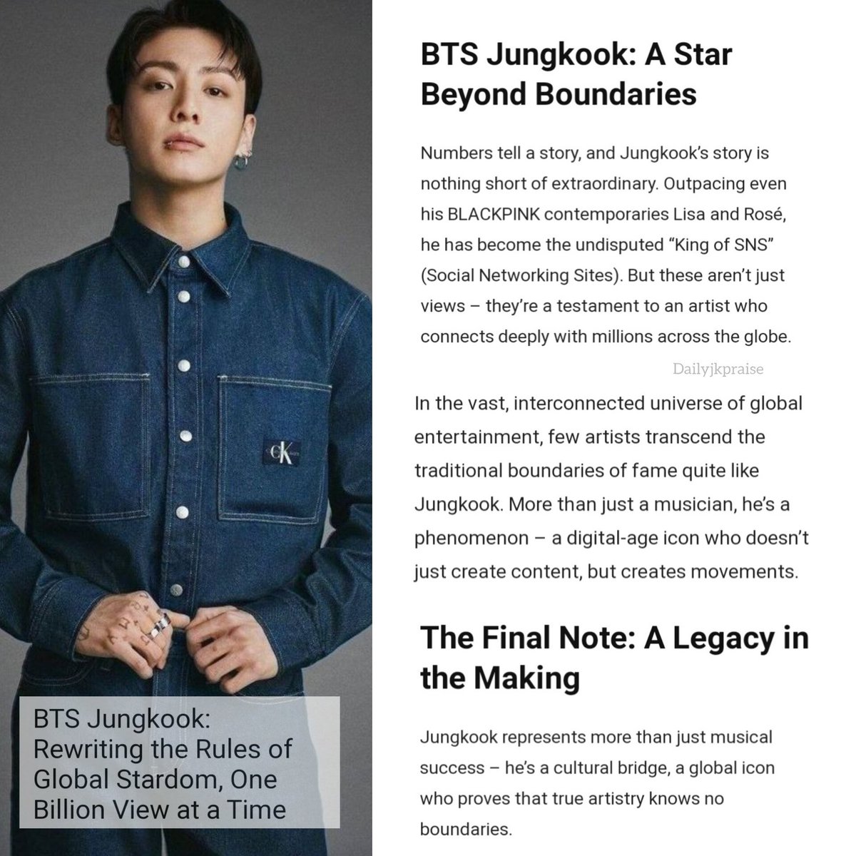 dailyjkpraise's tweet photo. Technosport Global media outlet reported that, Jungkook represents more than just musical success – he’s a cultural bridge, a Global icon who proves that true artistry knows no boundaries. In the vast, few artists transcend the traditional boundaries of fame quite like Jungkook.