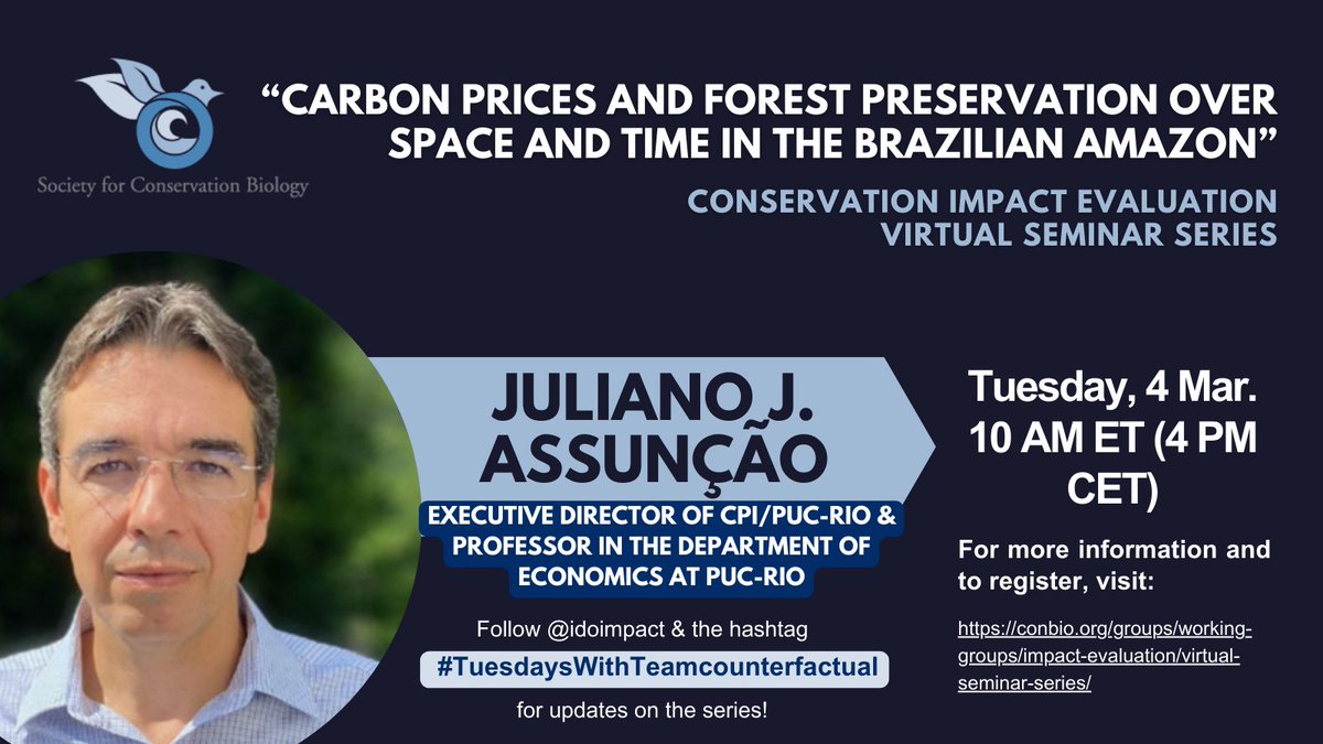 TOMORROW 4 March 2025 at 10 AM ET (4 PM CET) Juliano J. Assunção, Executive Director of CPI/PUC-Rio and Professor in the Dept. of Economics at PUC-Rio will be speaking on "Carbon Prices and Forest Preservation Over Space and Time in the Brazilian Amazon" 🌳🌱🌎