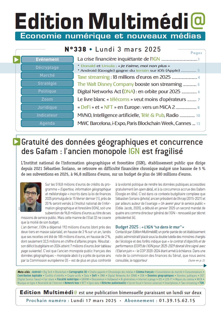 Charles de Laubier (@c2laubier) on Twitter photo La crise financière de l'#IGN (Institut national de l'information géographique et forestière <a href="/IGNFrance/">IGN France</a>) inquiète de plus en plus. L'établissement public est coincé entre gratuité des données géographiques et concurrence accrue des Gafam. En Une du n°338 : editionmultimedia.fr/au-sommaire-du… La crise financière de l'#IGN (Institut national de l'information géographique et forestière <a href="/IGNFrance/">IGN France</a>) inquiète de plus en plus. L'établissement public est coincé entre gratuité des données géographiques et concurrence accrue des Gafam. En Une du n°338 : editionmultimedia.fr/au-sommaire-du…