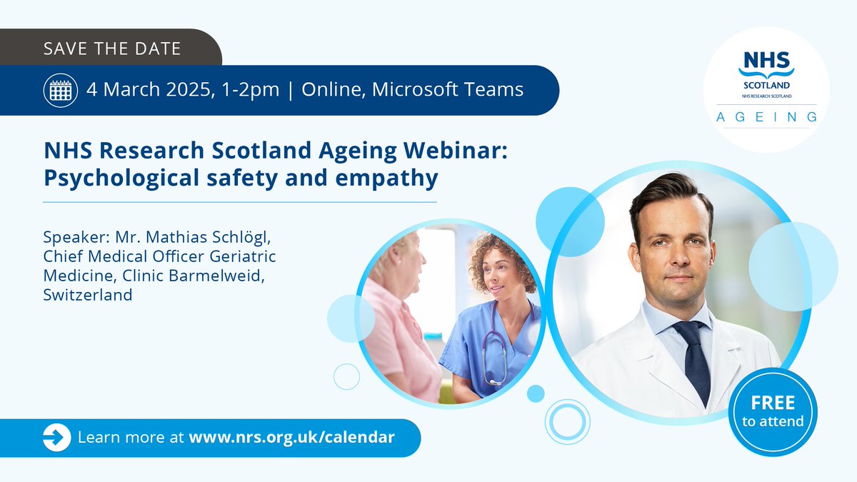 The NHS Research Scotland Ageing Specialty Group's March webinar, on Psychological Safety and Empathy, takes place on Tuesday 4 March, 1-2pm via Microsoft Teams.

Find out more and register to attend 📆🔗 nhsresearchscotland.org.uk/calendar/nhs-r…