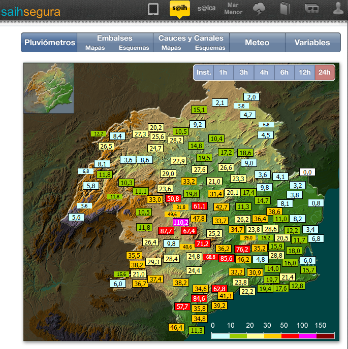 🌧️Precipitaciones registradas por visor #SAIH de 
<a href="/chsriosegura/">Confederación Hidrográfica del Segura</a> en las últimas 24 horas⏳
☔Destacan los 110,2 mm caídos en Pinar Hermoso; 87,7 #embalse #Pliego o los 85,6 mm en #Paretón #Murcia
💧Precipitaciones más intensas en el centro y sur de la cuenca del #Segura