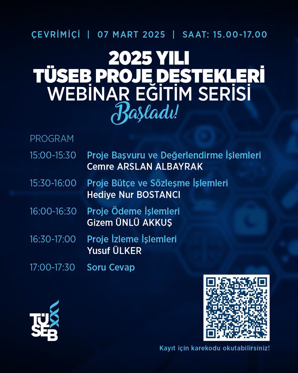 2025 YILI TÜSEB PROJE DESTEKLERİ WEBİNAR EĞİTİM SERİSİ BAŞLADI!

Kayıt formunu doldurarak 07 Mart 2025, saat 15:00’da yapılacak olan webinara  katılabilir, öneri ve sorularınızı iletebilirsiniz.

Toplantı kayıt linki:
events.teams.microsoft.com/event/bfb236b5…