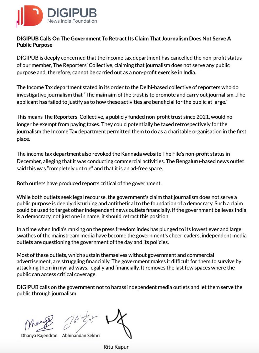 DigipubIndia's tweet image. DIGIPUB Calls On The Government To Retract Its Claim That Journalism Does Not Serve A Public Purpose