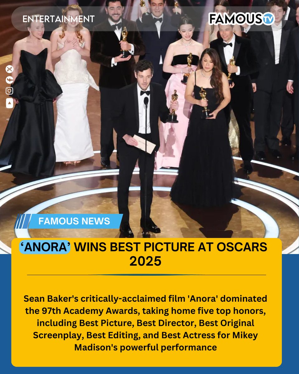 FamousTVIndia's tweet photo. Sean Baker made history at the 97th Academy Awards, becoming the first person to win four Oscars for the same film in one night. He took home awards for Best Director, Best Editing, and Best Original Screenplay for 'Anora', in addition to the film's Best Picture win. #Oscars2025 https://t.co/FtGiuHuDUC