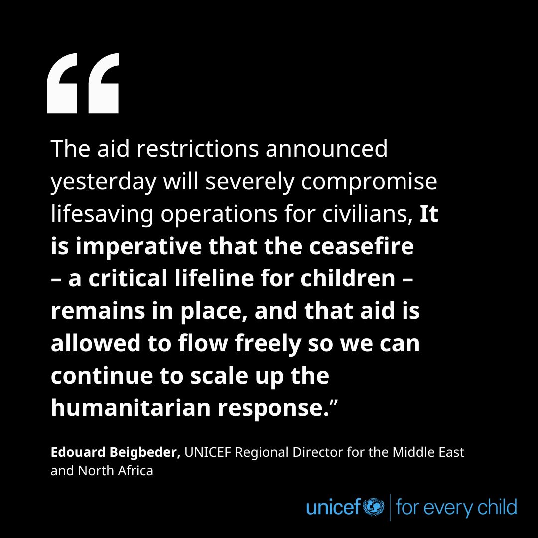 With the stoppage of humanitarian aid deliveries into the #Gaza Strip, UNICEF warns of severe consequences for children and families in desperate need.

We urgently call on the parties to fully respect their obligations under international law.

Press release: