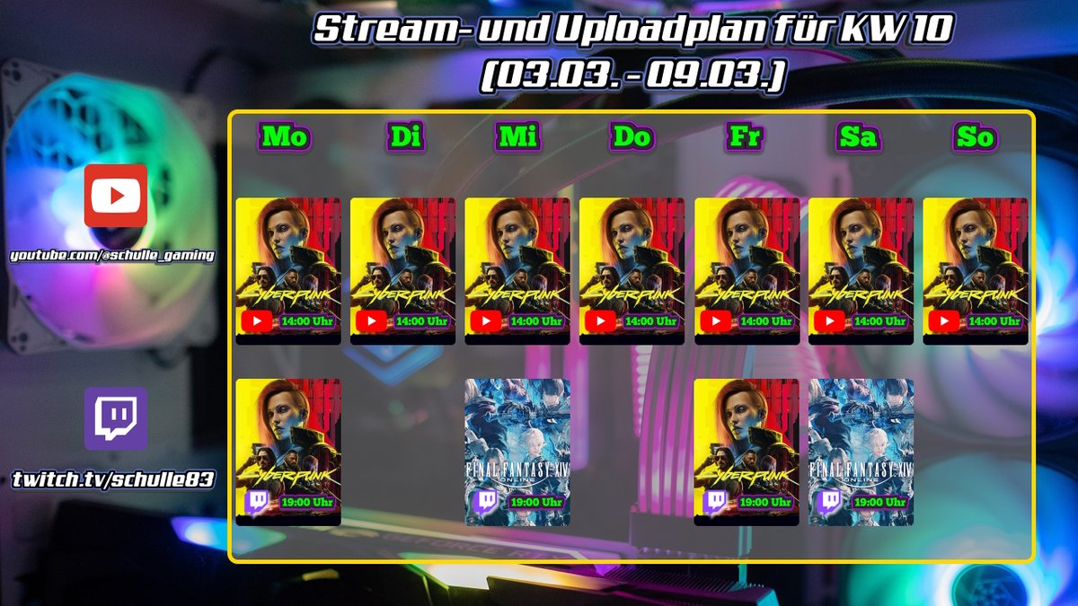 Moin Moin, Freunde der käuflichen Liebe, diese Woche gibbet mal wieder ein paar Streams, nachdem letzte Woche komplett ausgefallen ist, aber ich konnte zeitlich keinen Stream unterbringen. 

Dafür geht es heute Abend weiter mit Cyberpunk 2077

#twitch  #Cyberpunk2077  #YouTube